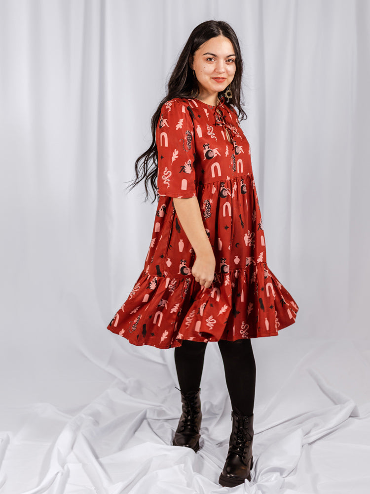 Mata Traders Tencel Adelaide Tiered Mini Dress in Cranberry Modern Objects