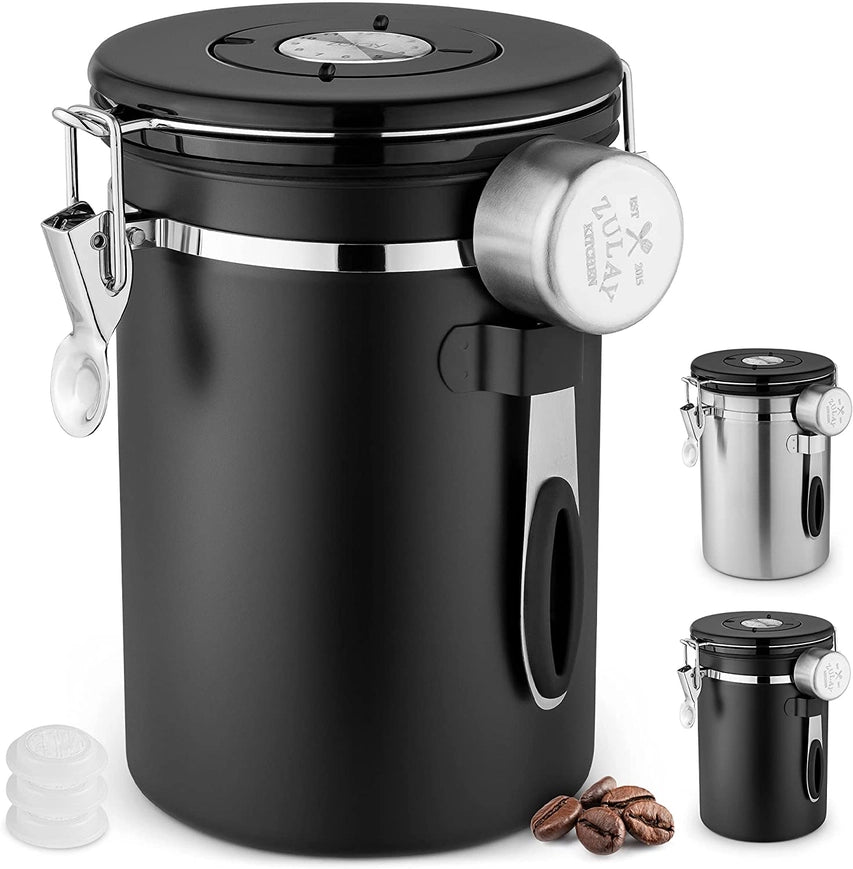 Zulay Kitchen 21oz Stainless Steel Airtight Coffee Canister with Scoop Holder and Date Tracker Black