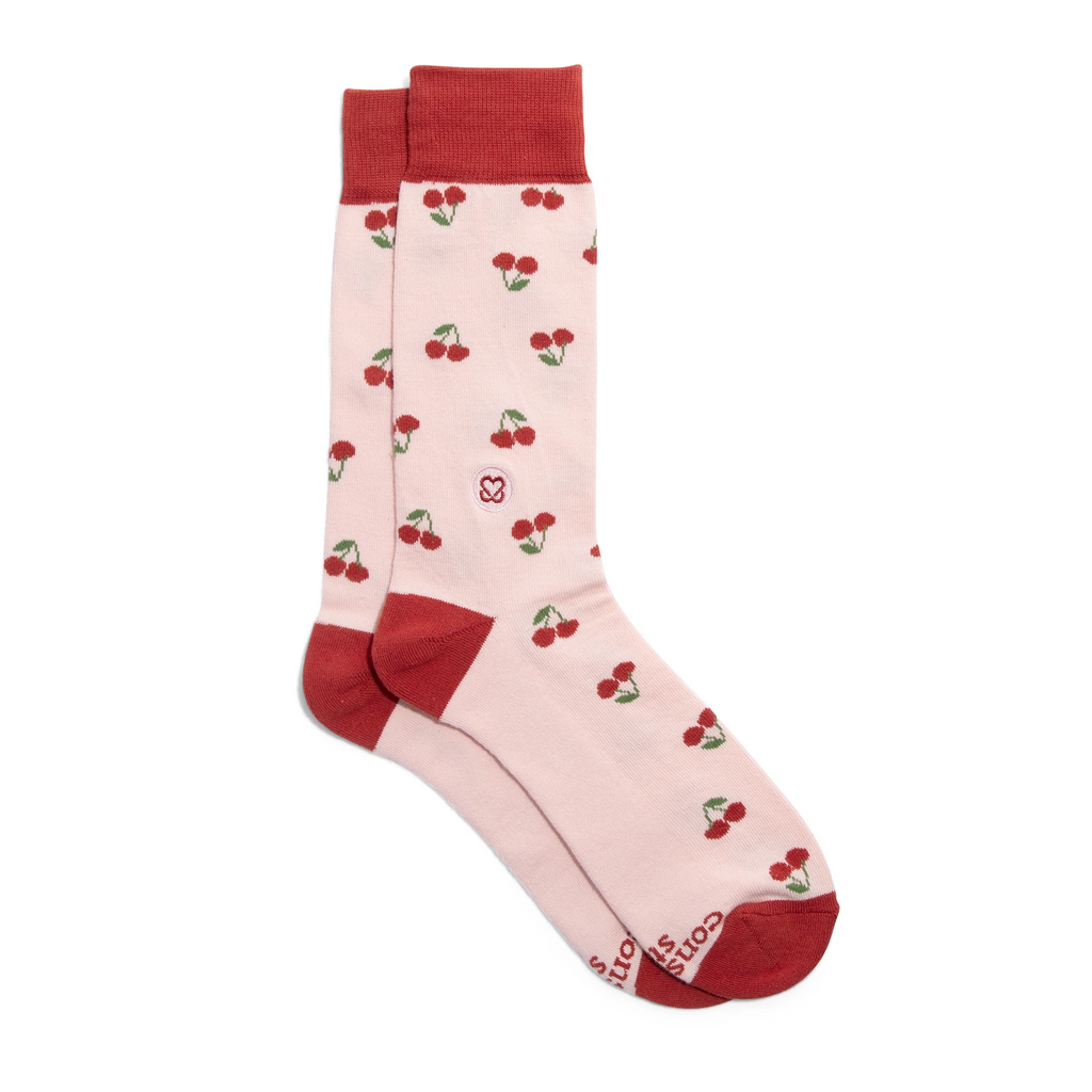 Conscious Step Organic Cotton Socks that Support Self-Checks Keep a Breast - Cherries on Pink Crew