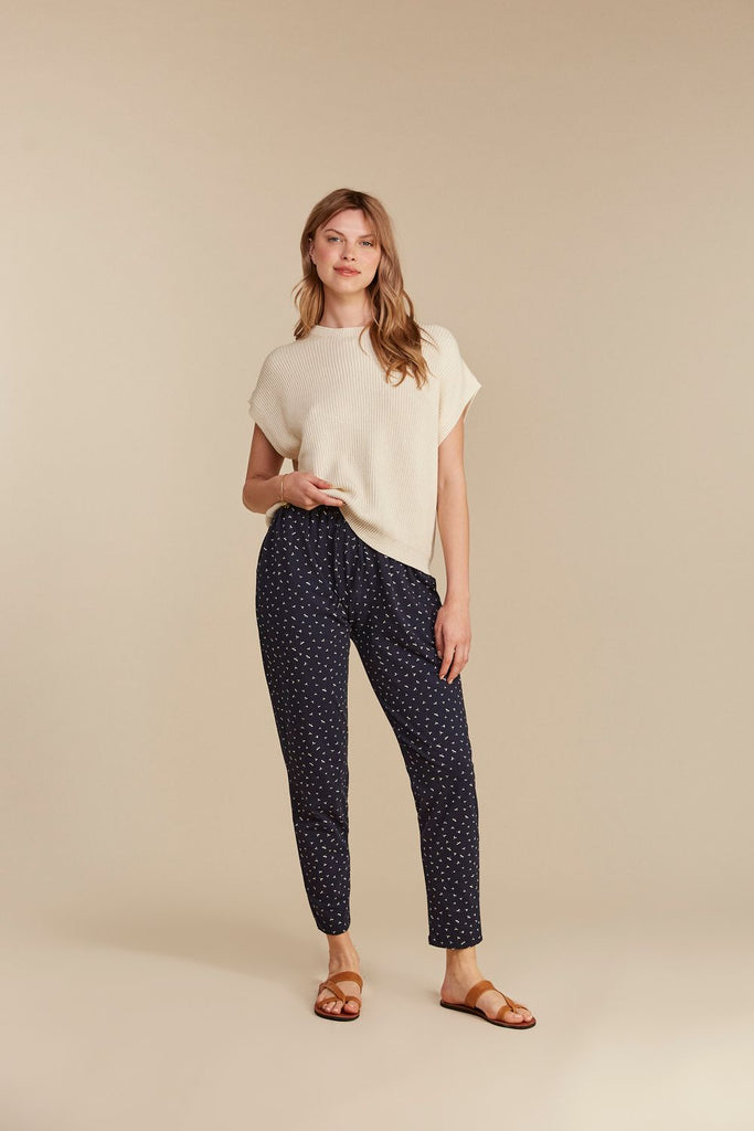 People Tree GOTS Certified Organic Cotton Sasha Seed Print Jersey Trousers in Navy