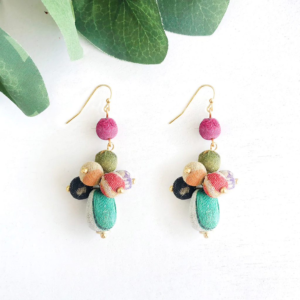 WorldFinds Fair Trade Handmade Kantha Bead Tiered Droplet Earrings