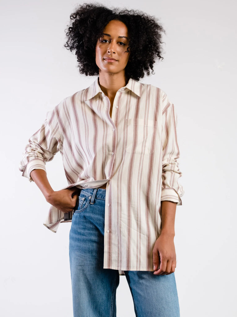 ABLE Clothing 100% Cotton Oversized Harris Button-Down Shirt - Nutmeg Stripe