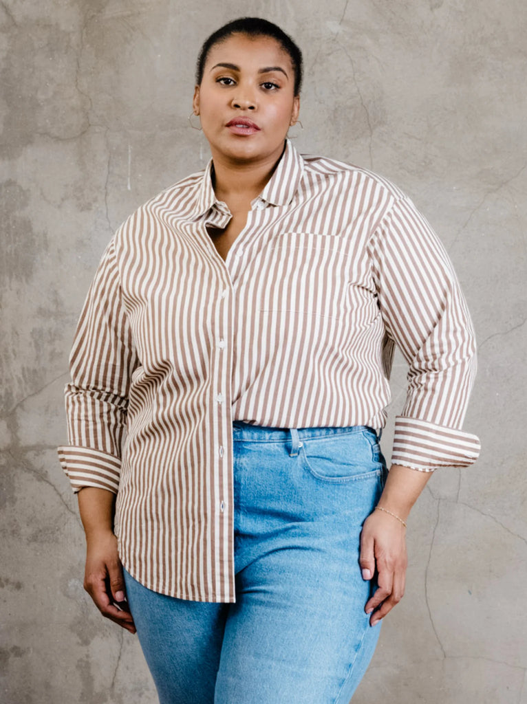 ABLE Clothing 100% Cotton Sophia Button-Down Shirt in Brown Cabana Stripe