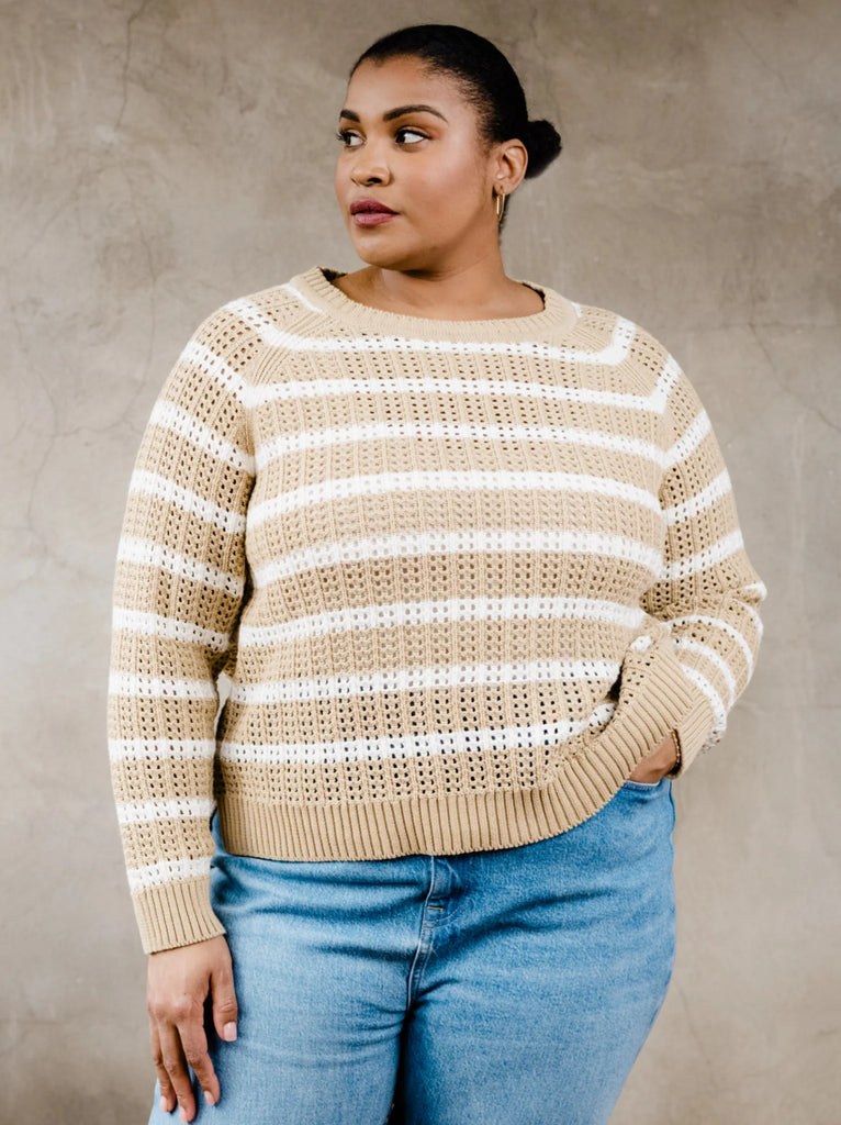 ABLE Clothing 100% Organic Cotton Taylor Mesh Sweater in Brown Sugar Stripe