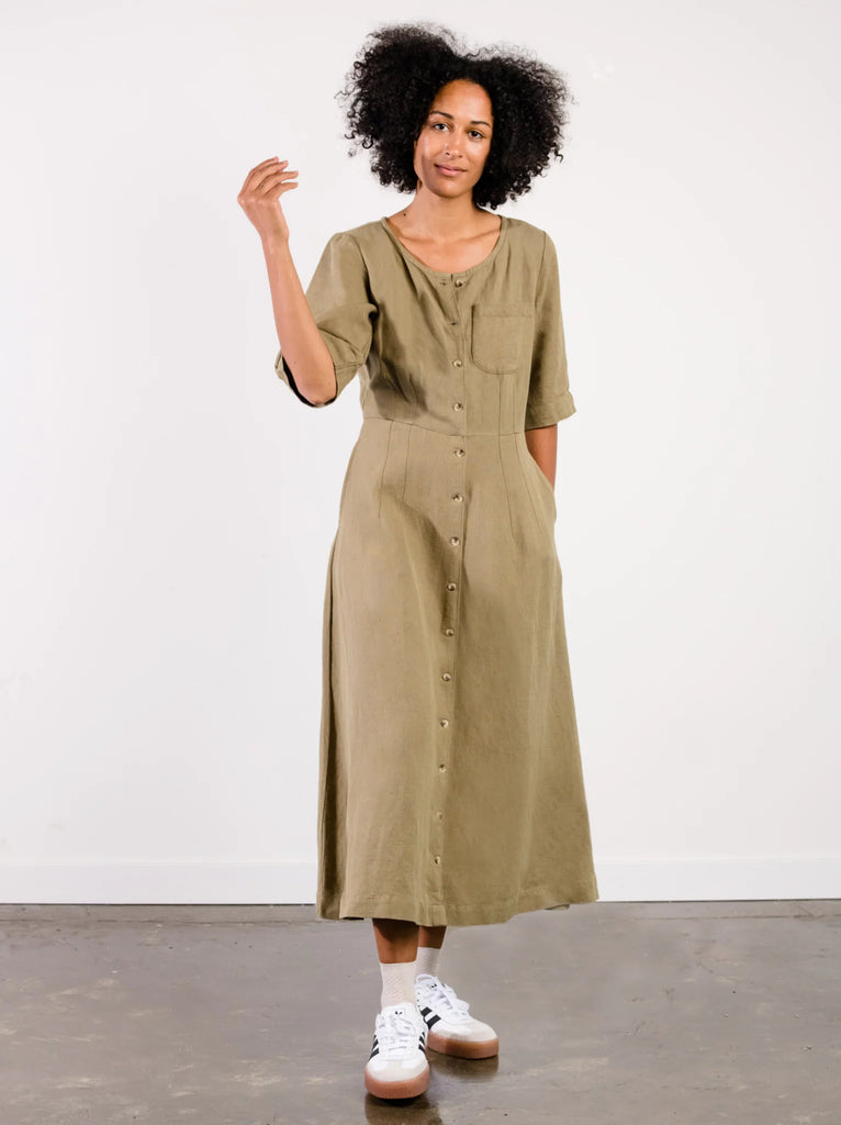 ABLE Cotton & Linen Twill Sierra Utility Midi Dress - Dusky Green