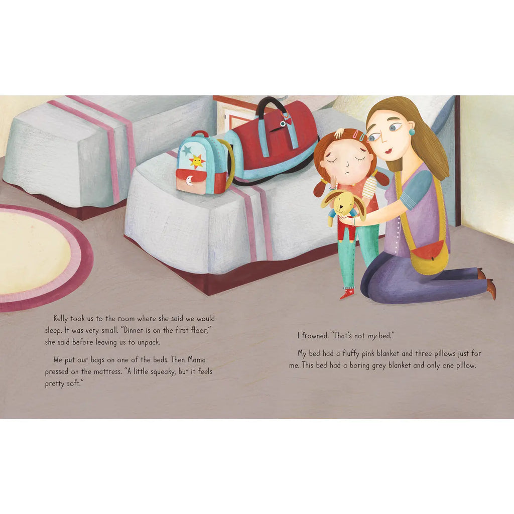 Illustration of a mother and child in a bedroom with bags and a bed.