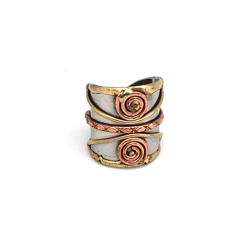 Anju Jewelry Adjustable Mixed Metal Cuff Ring - Spiral Reflection