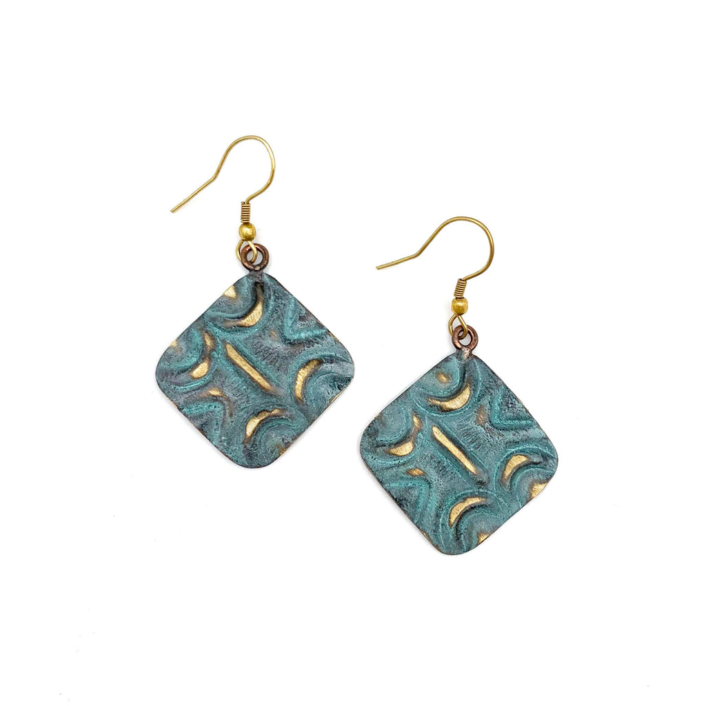 Anju Jewelry Brass Patina Earrings - Aqua Squares with Moons and Lines