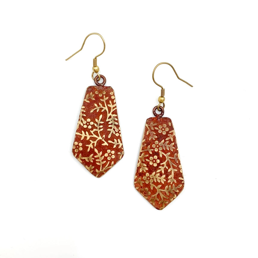 Anju Jewelry Brass Patina Earrings - Red Orange Floral Vines