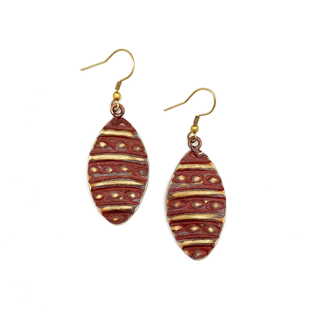 Anju Jewelry Brass Patina Earrings - Warm Red with Dots and Lines