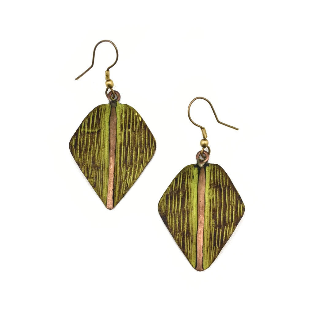Anju Jewelry Copper Patina Earrings - Hatchmark Print Leaf Green