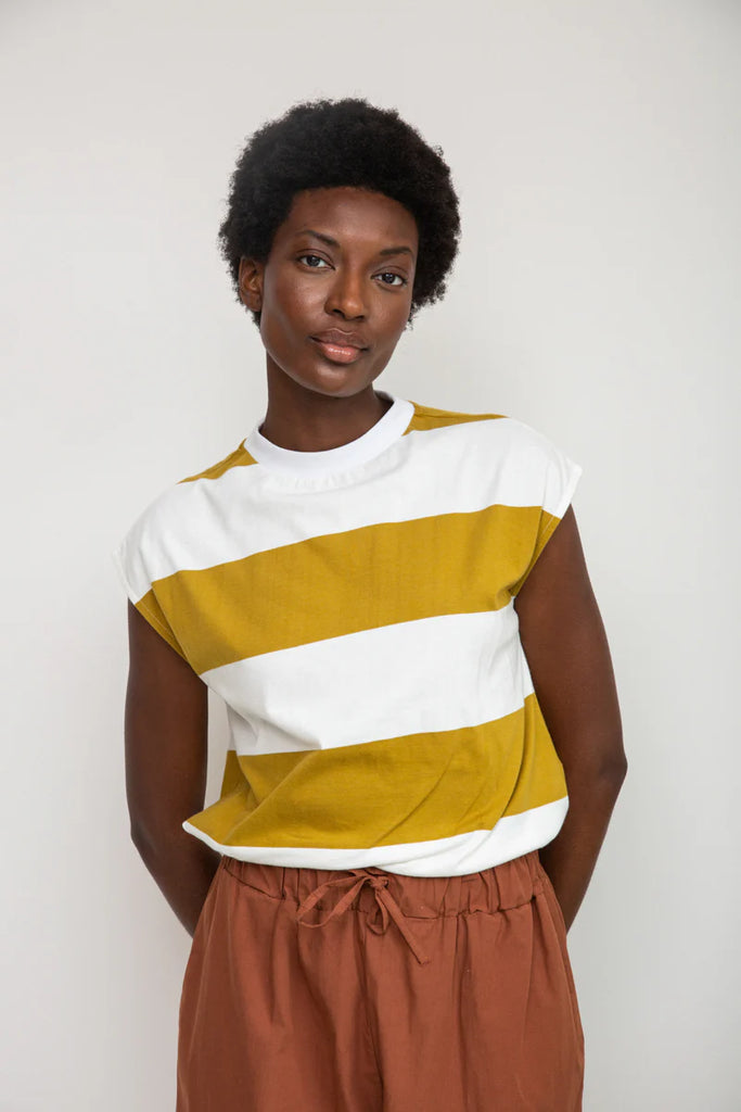 Beaumont Organics Aukai- Sue Organic Cotton Tee in Olive and White Bold Stripe