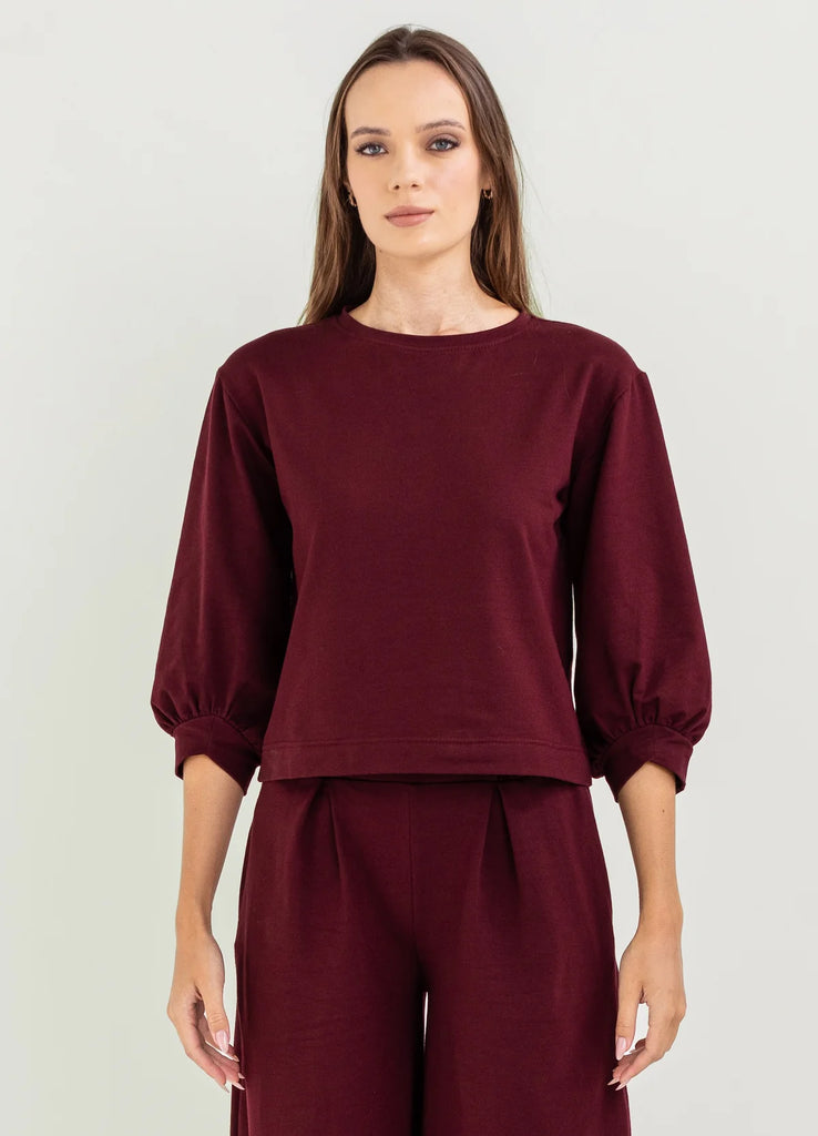 Bel Kazan French Terry Cotton Spandex Blend Lyra Top in Oxblood