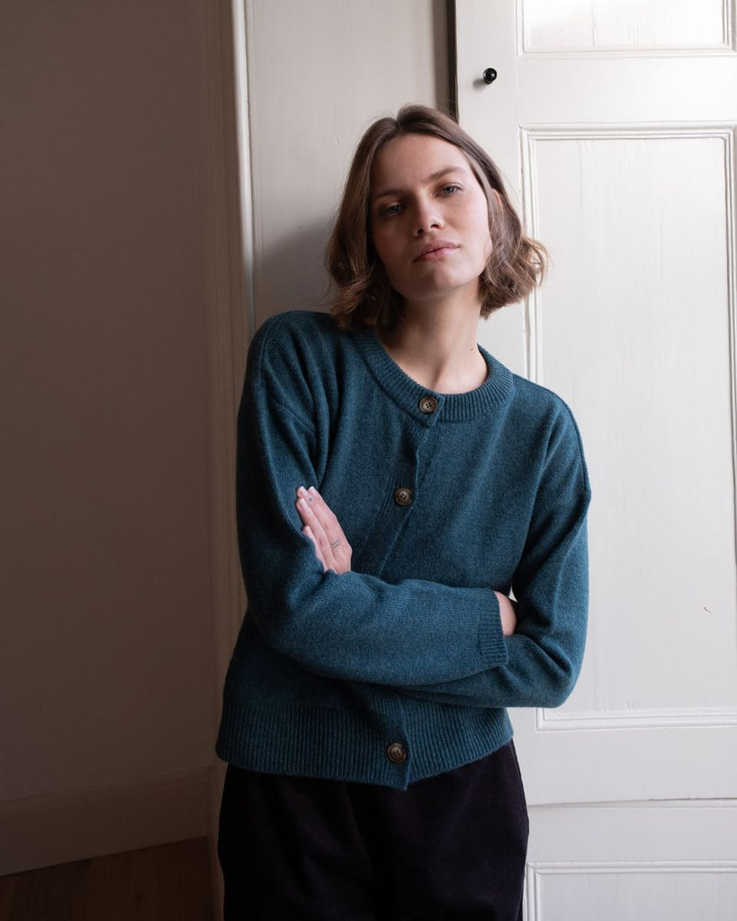 Bibico 100% Pure Merino Wool Mira Cropped Cardigan in Hunter Teal