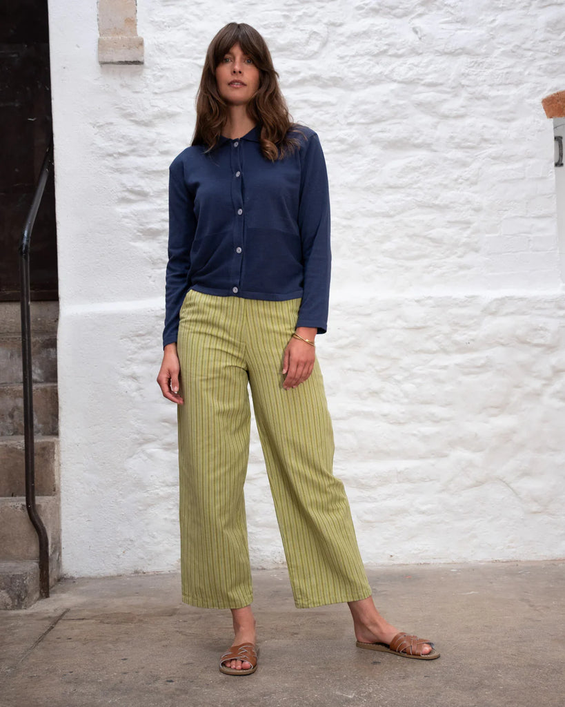 Bibico Cotton Linen Blend Harper Wide Leg Trousers in Avocado Stripe