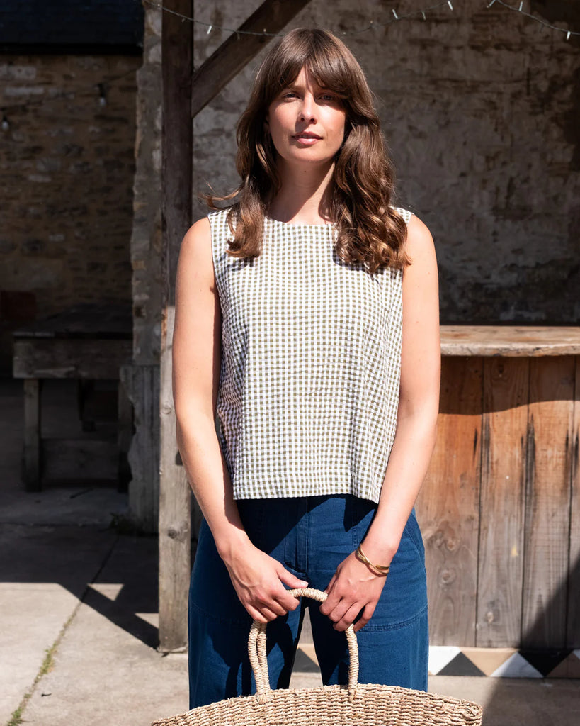 Bibico Pippa Sleeveless Top in 100% Cotton Olive Green Gingham Check Print