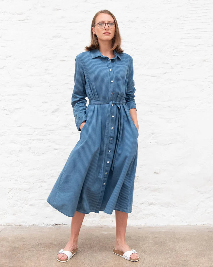 Bibico Rita Shirt Dress in 100% Cotton Blue Denim Stripe