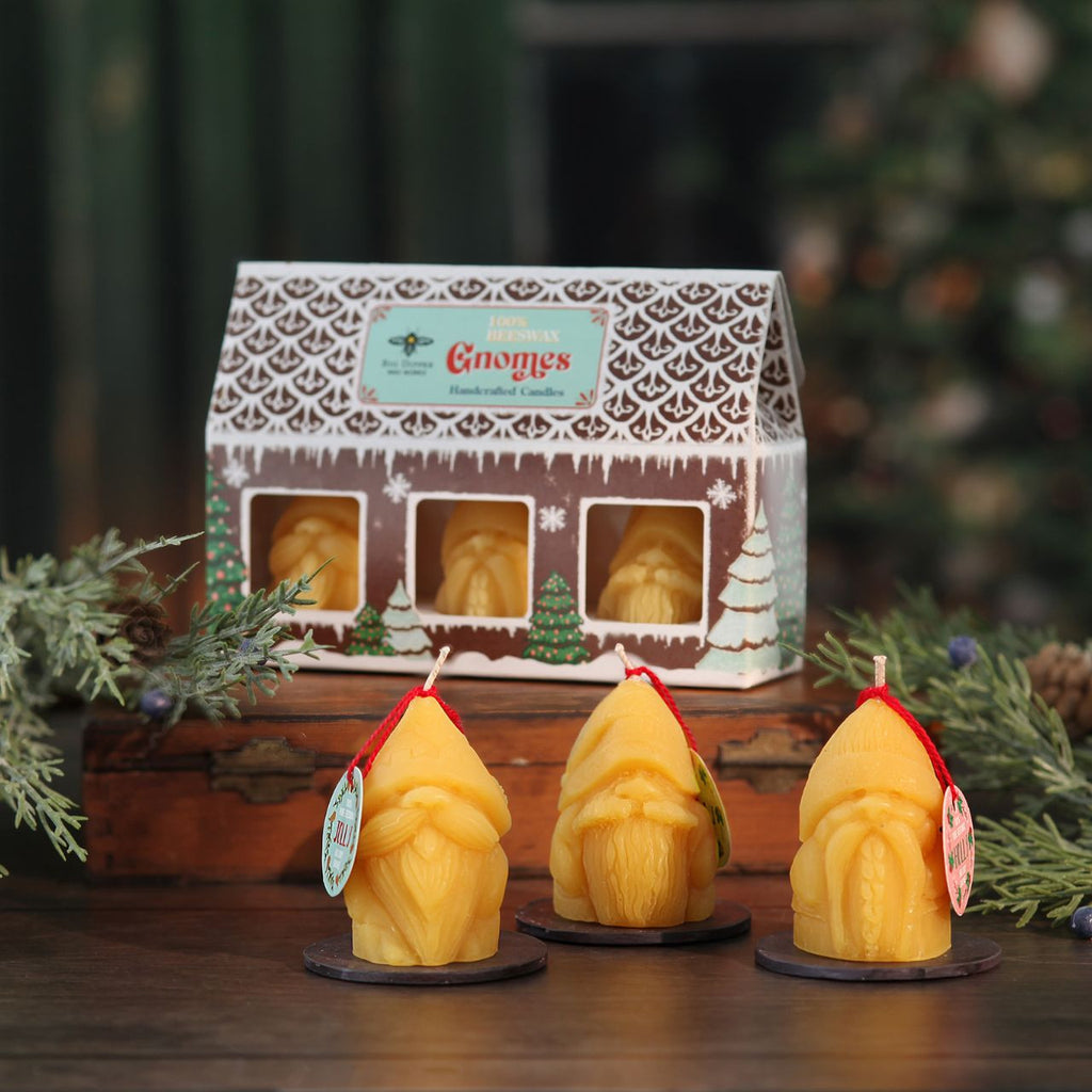 Big Dipper Wax Works Pure Beeswax Seasonal Gnome Shaped Candles - Gift Set in Gingerbread House Box