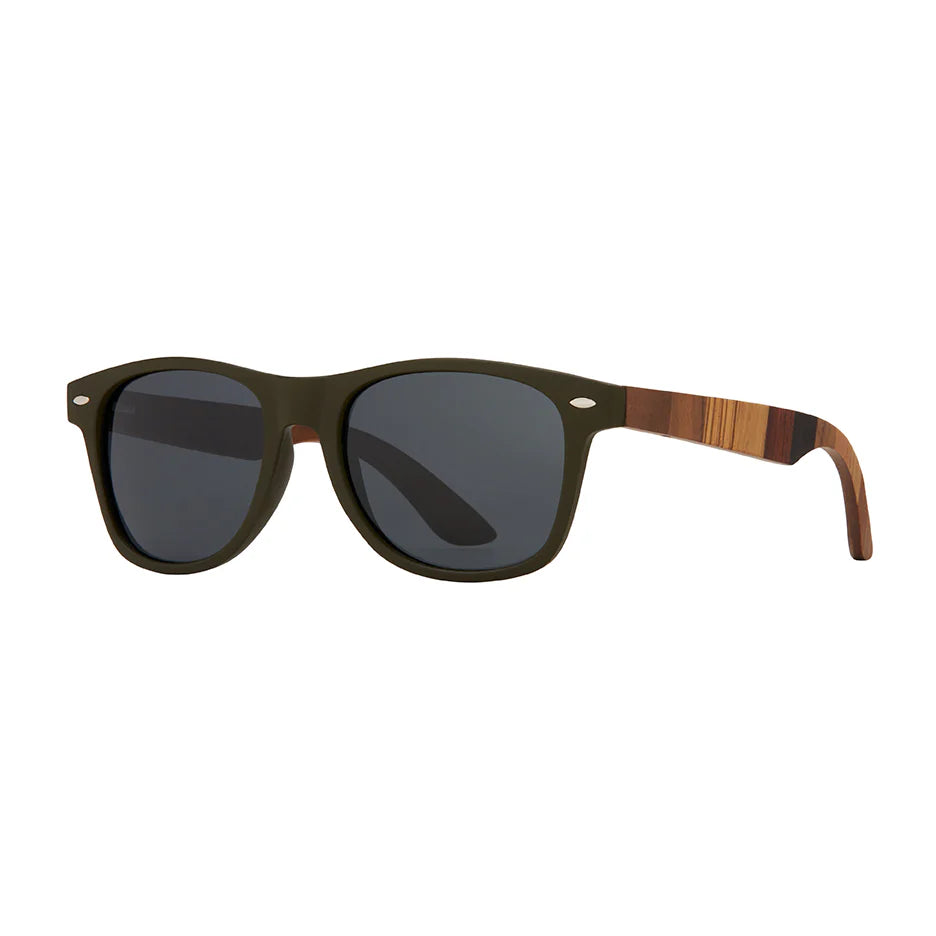 Blue Planet Eco Eyewear Forrest Polarized Lens Sunglasses - Matte Olive Green + Multi Color Wood