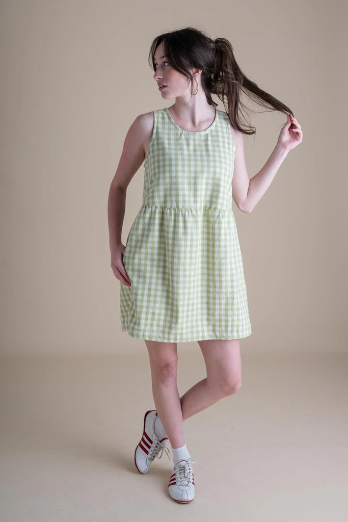 Conscious Clothing 100% Cotton Sassafras Mini Dress in Honeydew Gingham