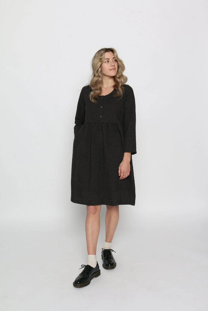 Conscious Clothing 100% Yarn Dyed Woven Cotton Brook Dress in Black with Brown Dot