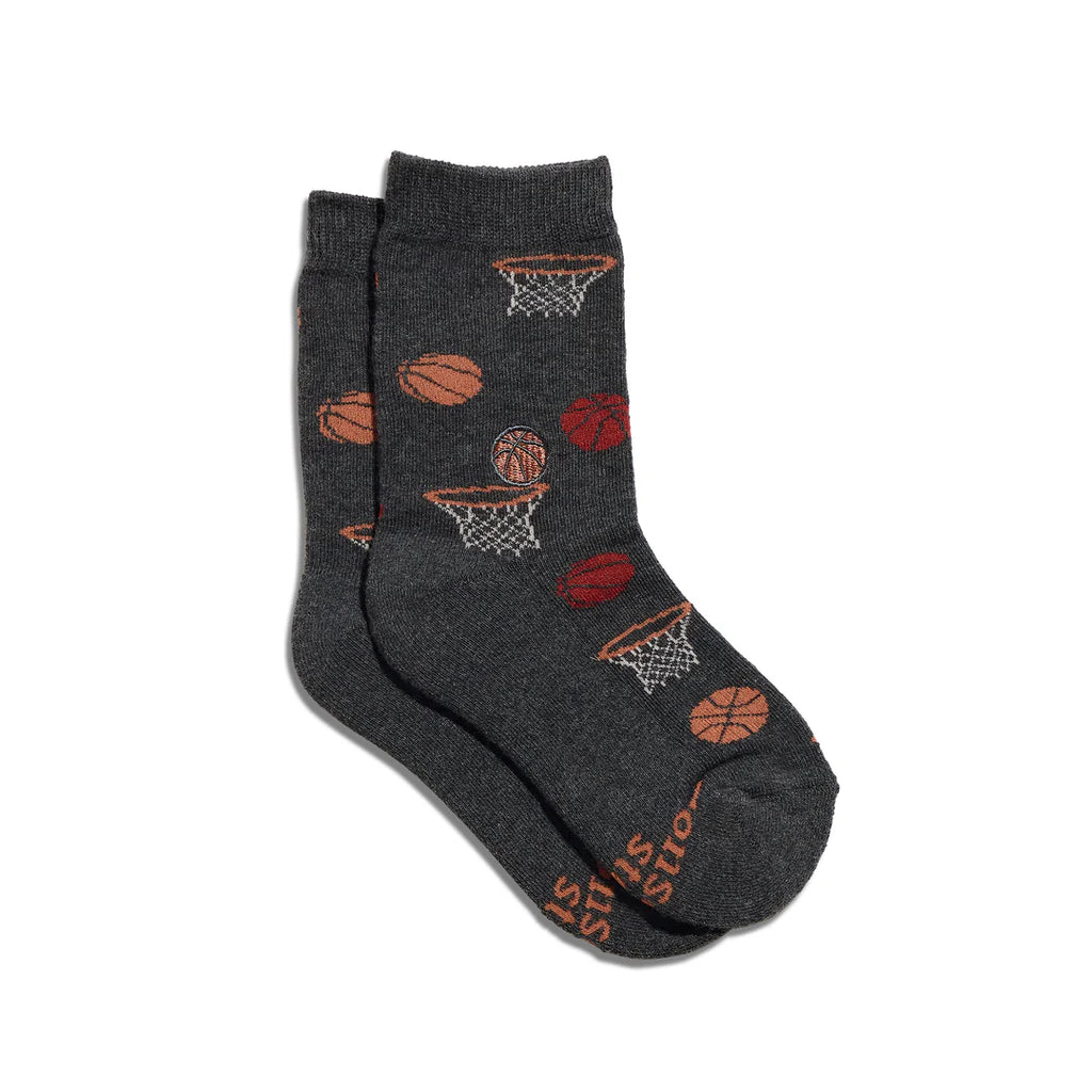 Conscious Step Organic Cotton KIDS Socks that Support Youth Sports - Gray Basketballs