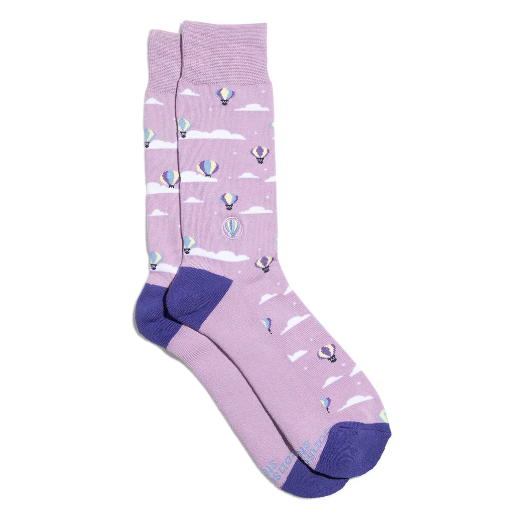 Conscious Step Organic Cotton Socks that Fight Childhood Cancer - Purple Hot Air Balloons