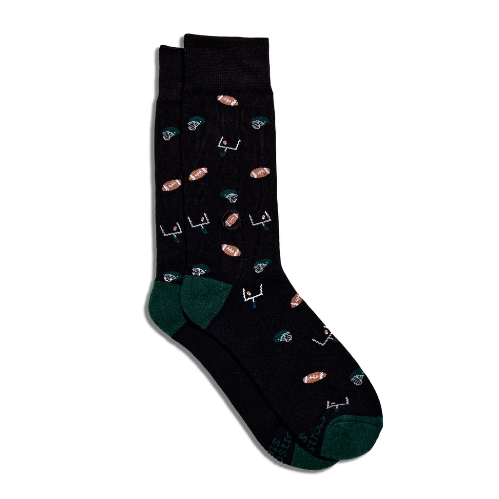 Conscious Step Organic Cotton Socks that Support Youth Sports - Black Footballs