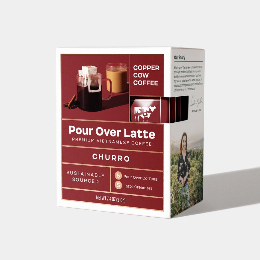 Copper Cow Coffee Sustainable Single Serve Churro Latte Pour Over Coffee - Pack of 5