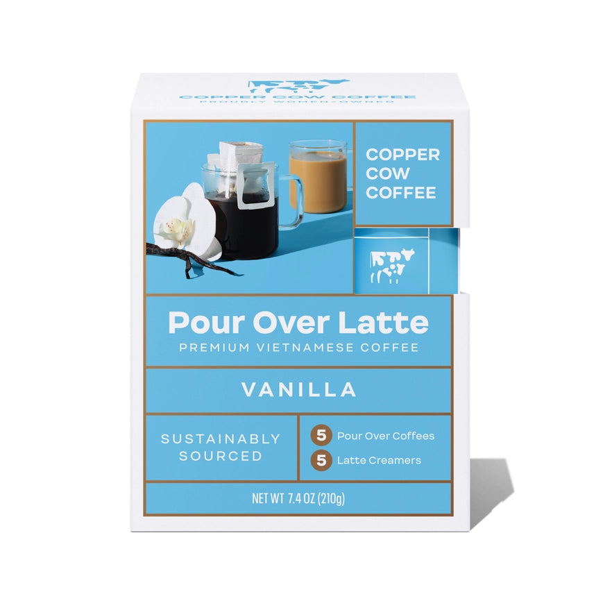 Copper Cow Coffee Sustainable Single Serve Vanilla Latte Pour Over Coffee - Pack of 5