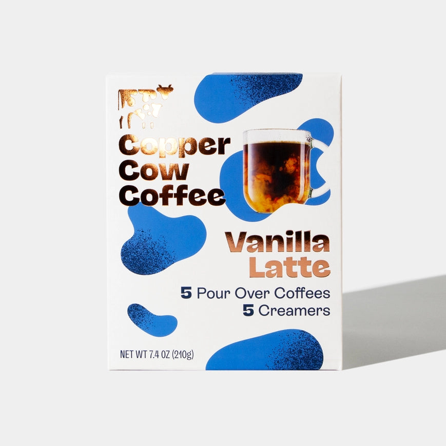 Copper Cow Coffee Sustainable Single Serve Vanilla Latte Pour Over Coffee - Pack of 5