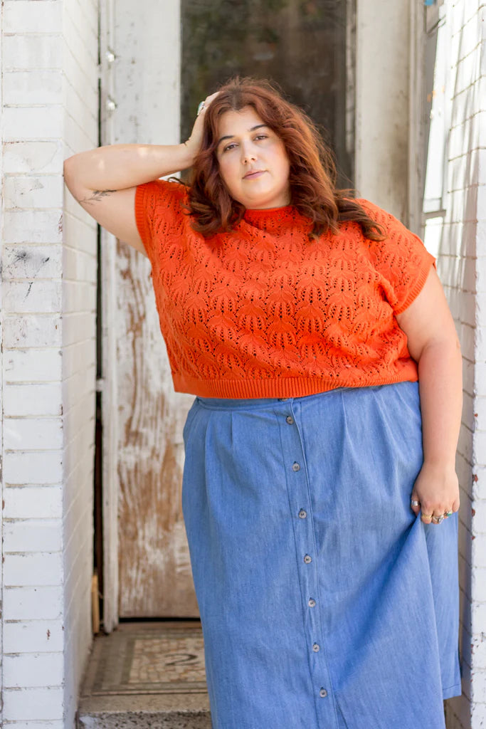 Curator SF 100% Cotton Rosey Pointelle Knit Sweater in Tomato