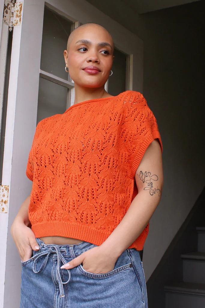ULTERIOR ニットポロ Curator SF 100% Cotton Rosey Pointelle Knit Sweater in Tomato