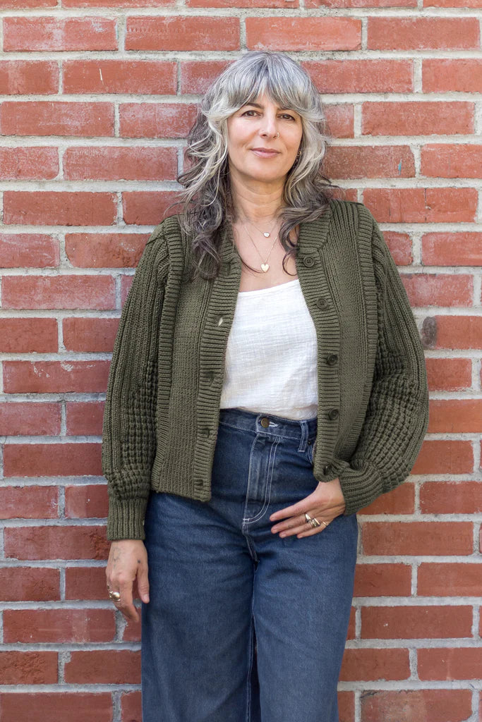 Curator SF 100% Cotton Sara Knit Sweater Cardigan in Moss
