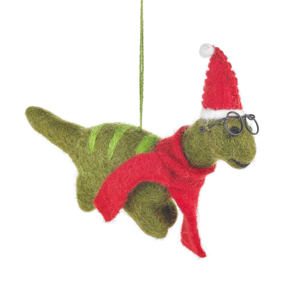 Felt So Good Christmas Dinosaur with Glasses Felted Ornament