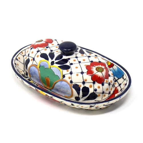 Global Crafts Handcrafted Encantada Pottery Butter Dish Dots & Flowers