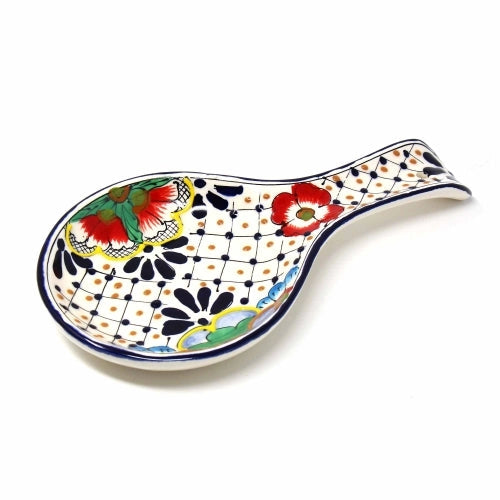 Global Crafts Handcrafted Encantada Pottery Spoon Rest Dots & Flowers