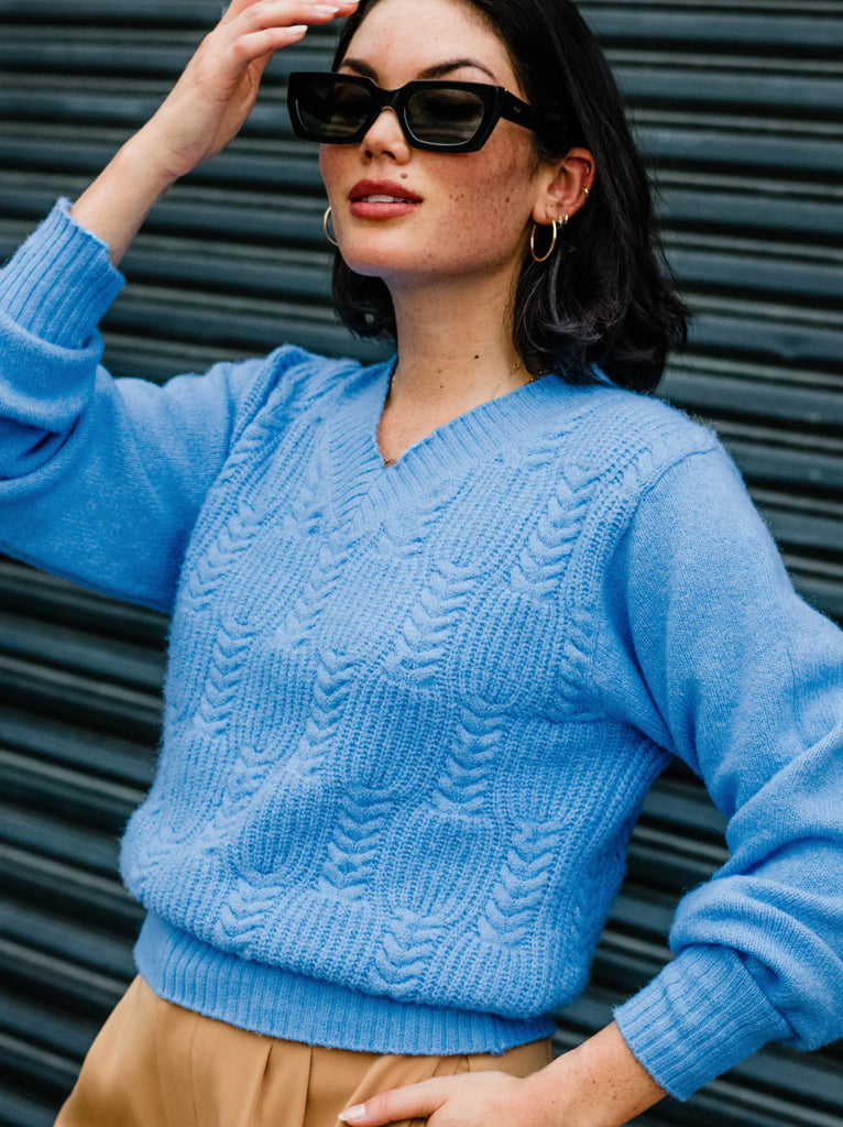 Lindsey Cable Pullover Sweater - Bright Blue