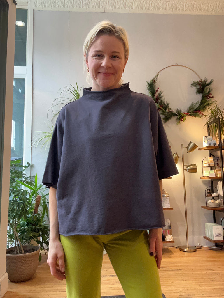 Mantra 100% Organic Cotton Fleece Bo Mock Neck Poncho-Style Top in Grey