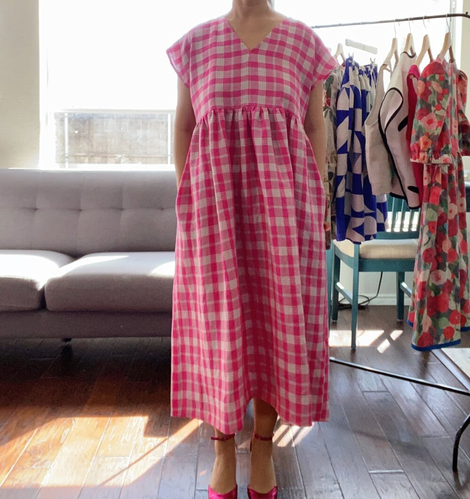 Joolee Designs 100% Linen Magenta Plaid Dress