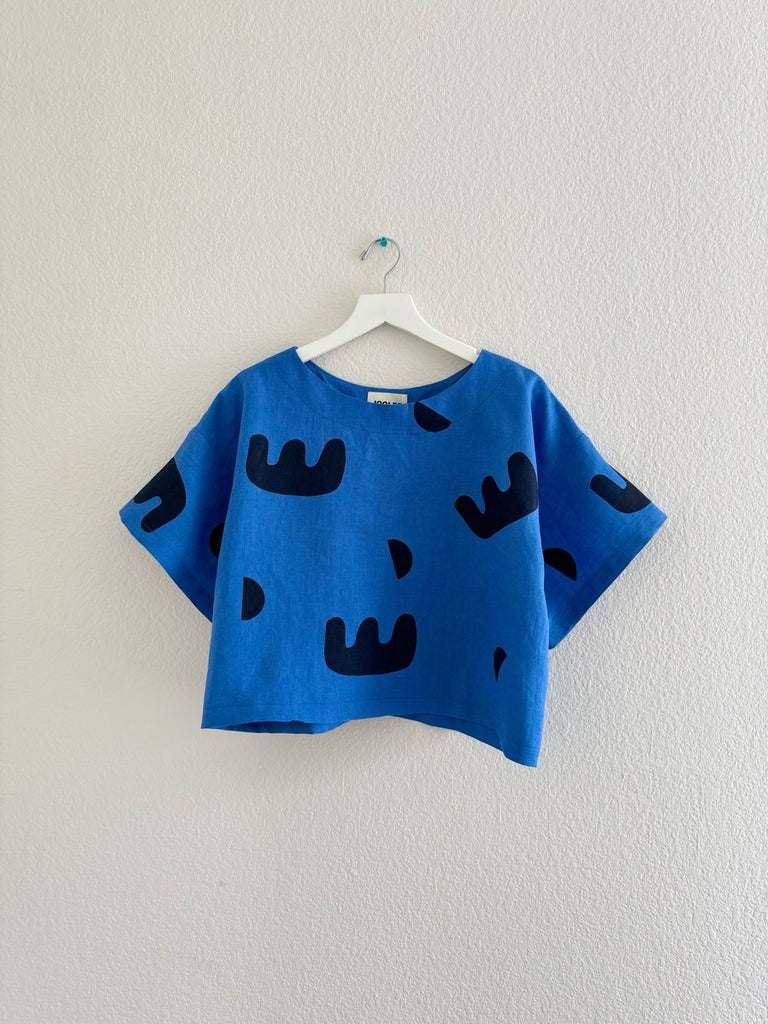Joolee Designs 100% Linen Silk Screen Design Blue Top 