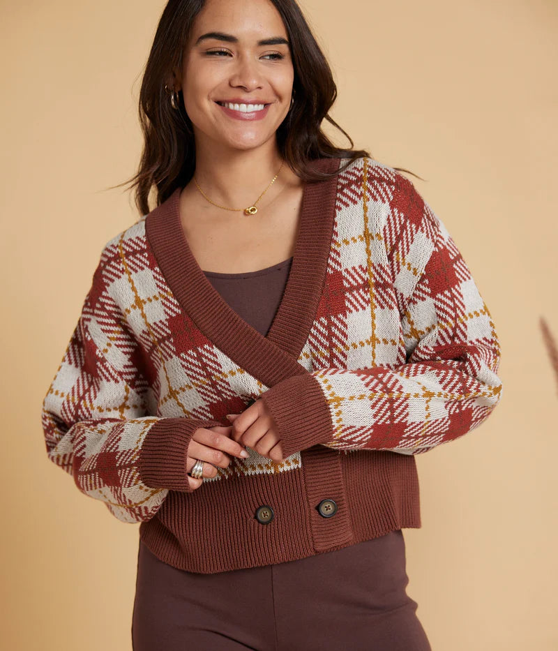 Known Supply GOTS Certified Cotton Harlow Cropped Cardigan in Plaid