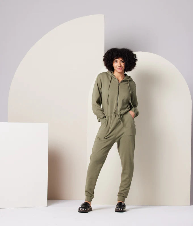 Known Supply GOTS Certified Organic Cotton Fleece Valerie Jumpsuit in Army Green