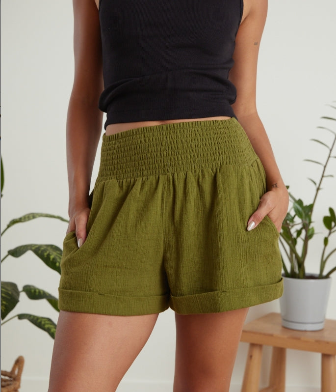 Known Supply GOTS Certified Organic Cotton Gauze Geo Short in Olive