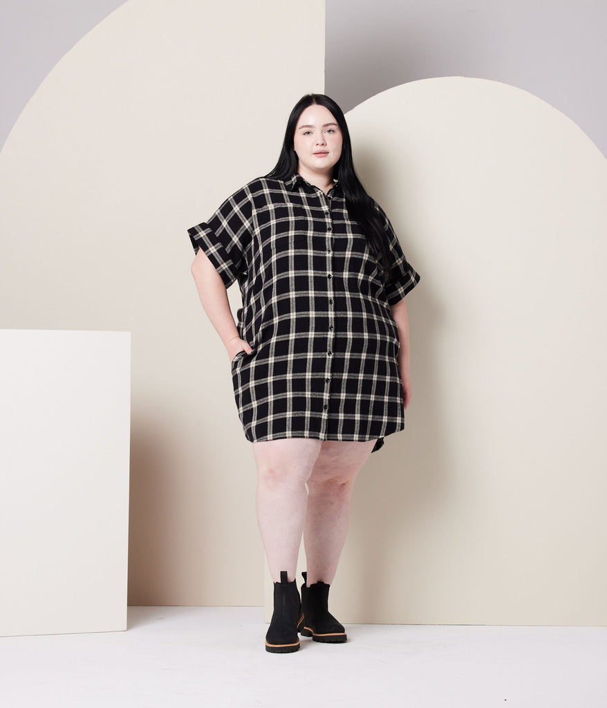 Known Supply Organic Cotton Flannel Amaris Dress in Black & Taupe Plaid