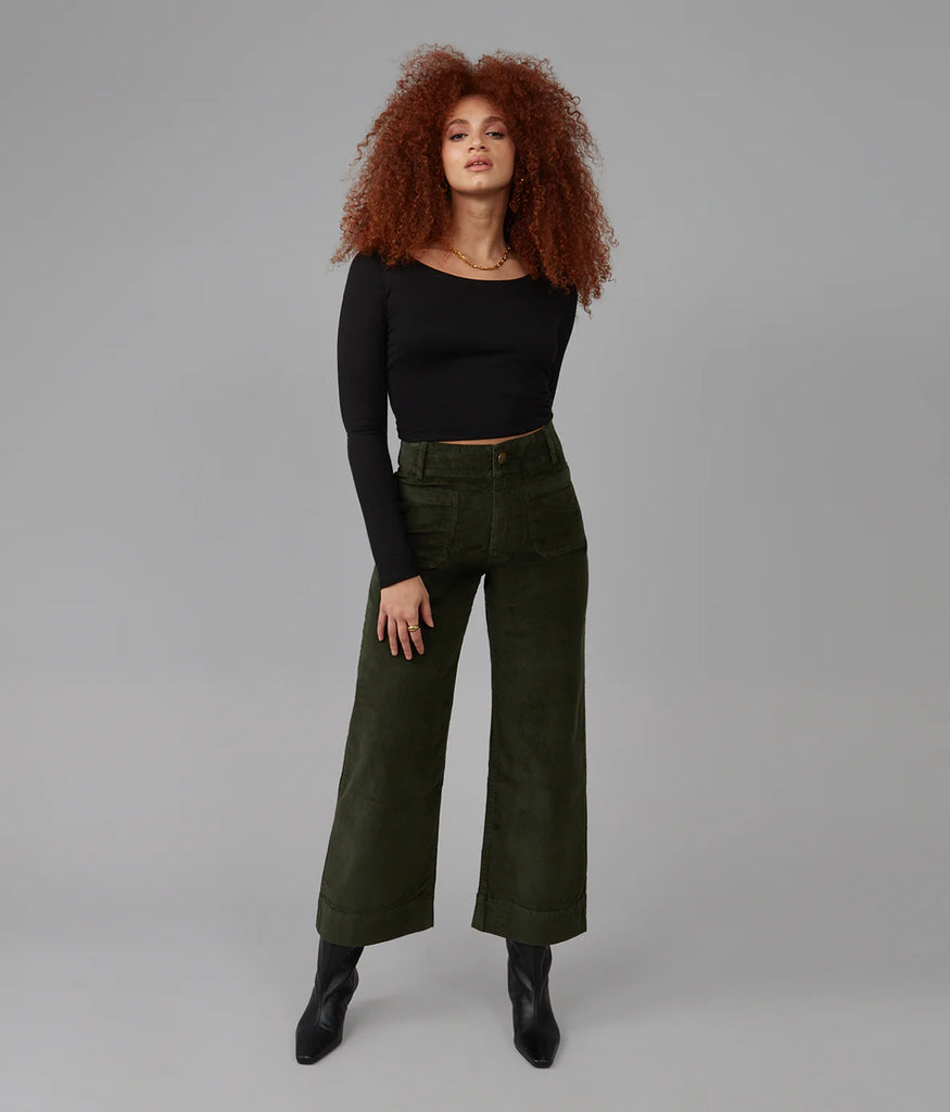 Lola Jeans Colette High Rise Wide Leg Cotton Corduroy in Dark Olive Green