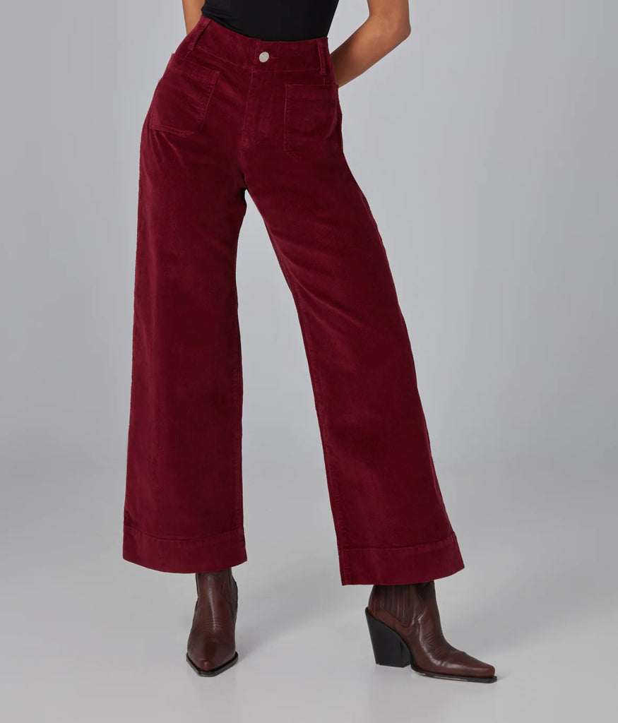 Lola Jeans Colette High Rise Wide Leg Cotton Corduroy in Merlot Red