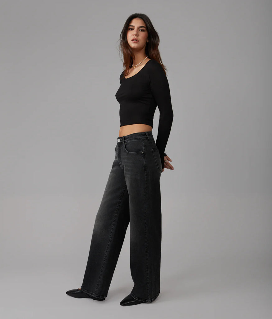 Lola Jeans Nova Mid Rise Wide Leg Jeans - Black Ash