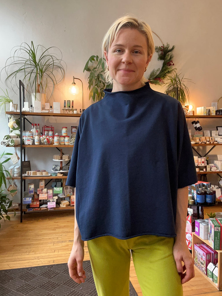 Mantra 100% Organic Cotton Fleece Bo Mock Neck Poncho-Style Top in Navy