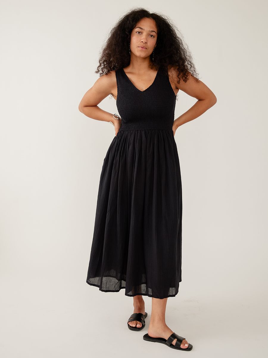 Lily V-Neck Sleeveless Black Dress Textured Check | Fair Trade